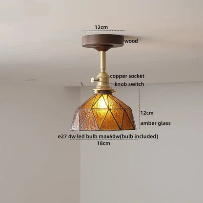 Decorbites amber glass led ceiling light with warm amber glass, copper socket, and wood canopy for kids room