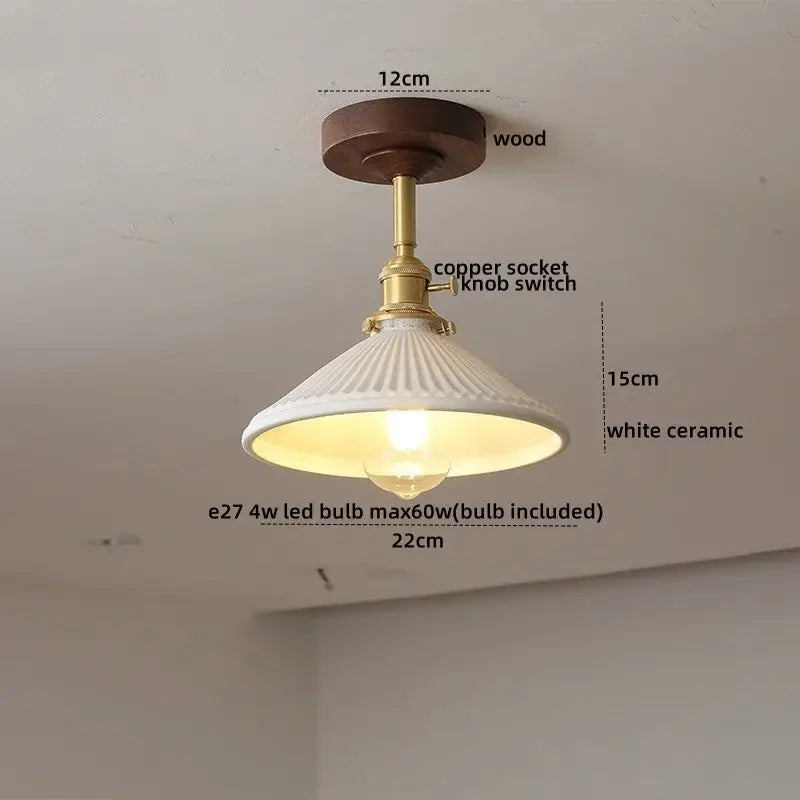Decorbites™ white ceramic ceiling light with fluted design brass socket on dark wood plate for kids room fixture
