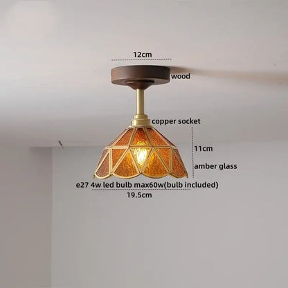 DecorBites™ amber glass led ceiling light with geometric amber stained glass shade and dark wood base for kids room