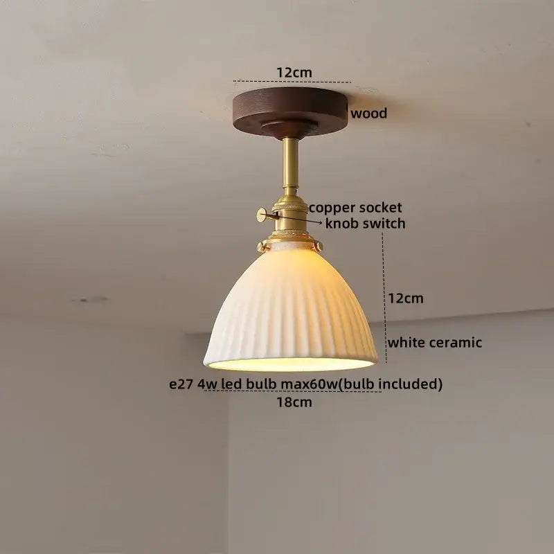 DecorBites amber glass led ceiling light with dark wood base brass socket and white ridged ceramic shade for kids room