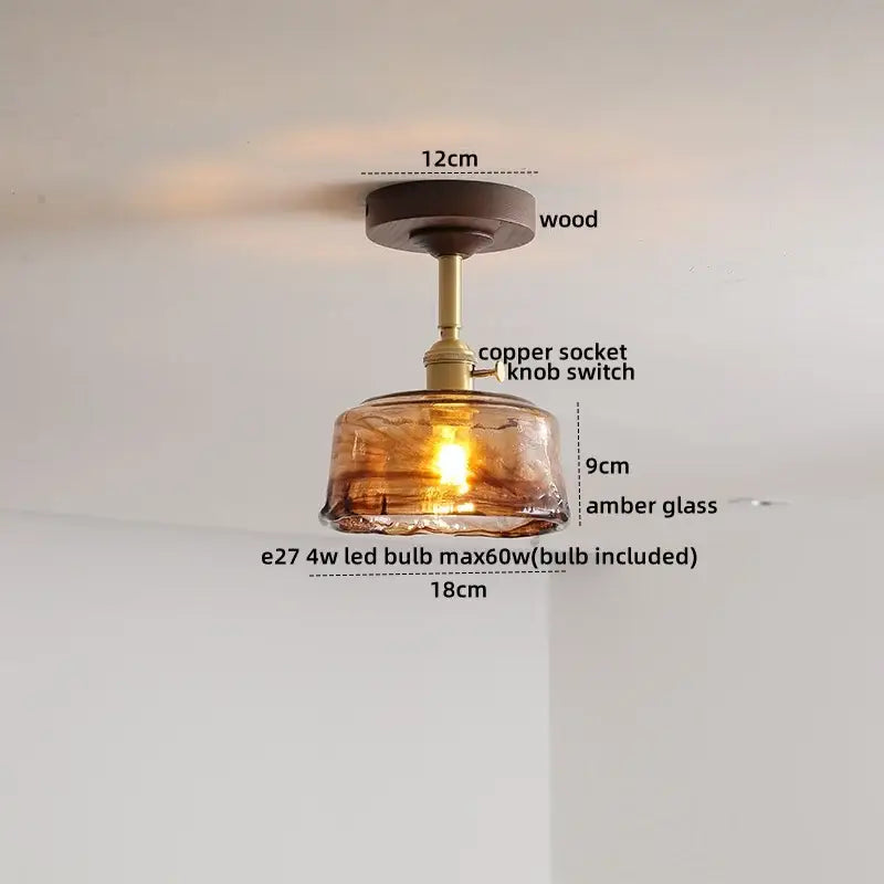Decorbites amber glass led ceiling light with warm amber glass, brass copper socket, and wood canopy for kids room
