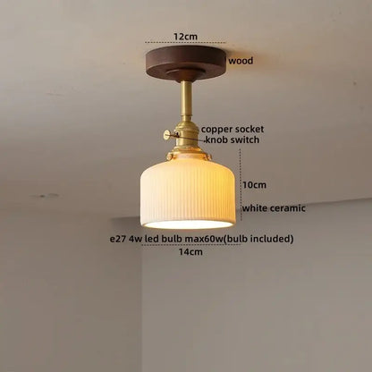 DecorBites™ vintage-style ceiling light with dark wood base, brass copper socket, white ribbed ceramic shade, ideal for kids room
