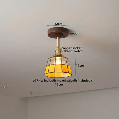 Decorbites amber glass led ceiling light with warm amber stained glass pendant, wooden mount, and brass hardware