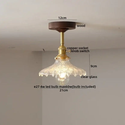 Vintage-style ceiling light with amber glass led shade, dark wood base, and brass copper socket for kids room fixture