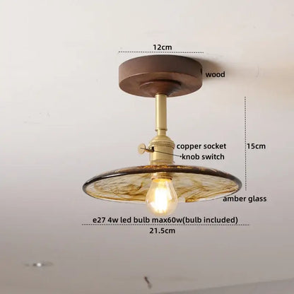 DecorBites™ amber glass led ceiling light with dark wood base and brass copper socket for kids room fixture