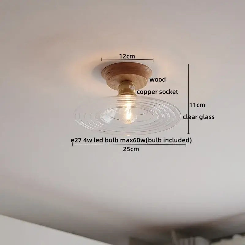 DecorBites amber glass led ceiling light with wooden base copper socket and clear ridged glass shade for modern decor