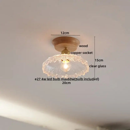 DecorBites amber glass led ceiling light with wooden base copper socket and ruffled glass shade for modern decor