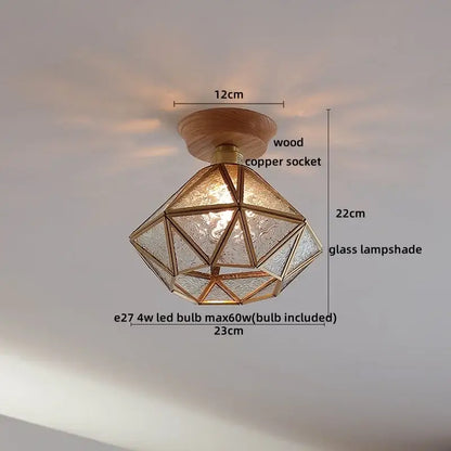 Geometric amber glass led ceiling light with brass frame and wooden mount for modern home and restaurant decor