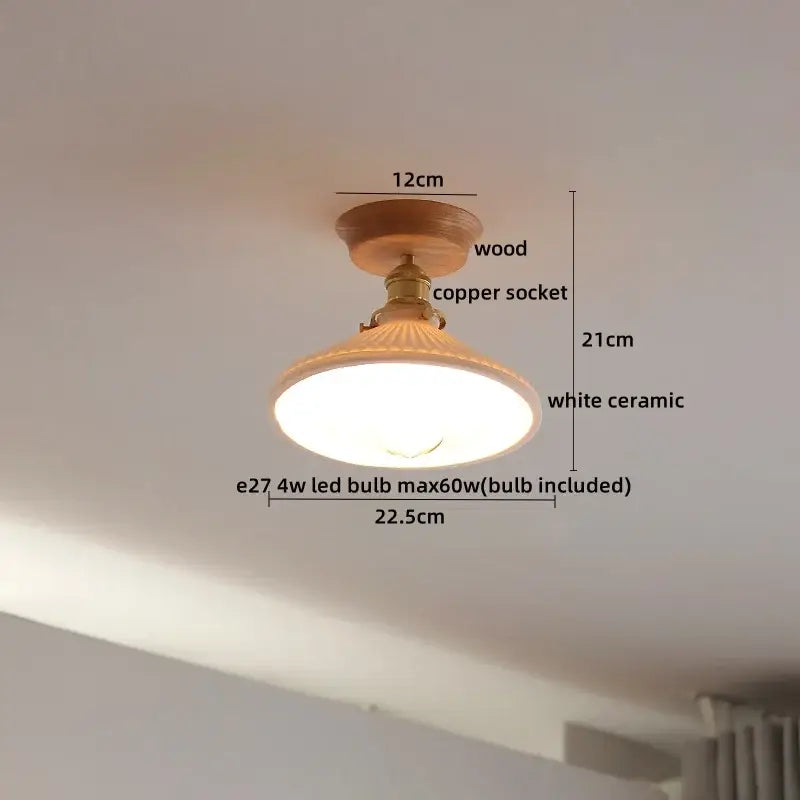 DecorBites amber glass led ceiling light with warm wooden base copper socket and white ceramic shade for home decor