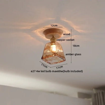DecorBites amber glass led ceiling light with faceted warm amber glass shade wooden base and copper socket for modern decor