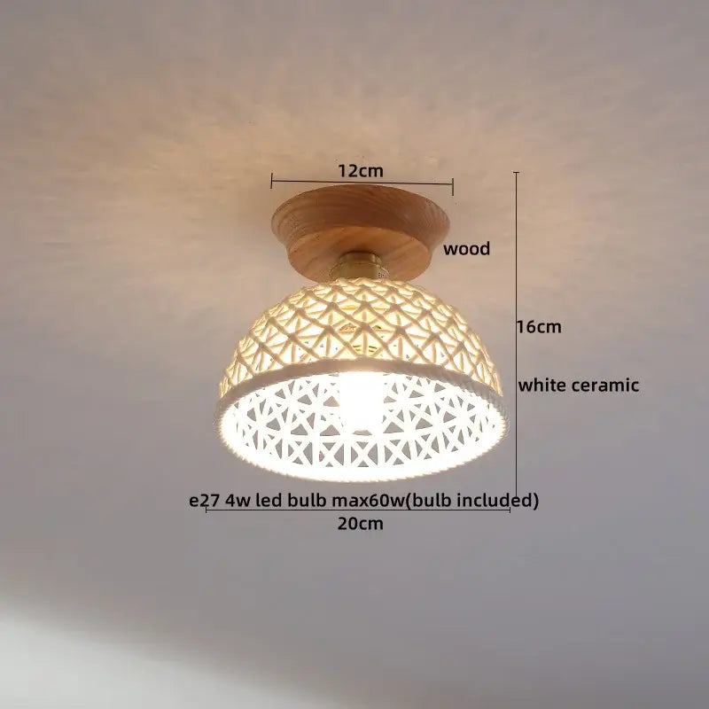 A white ceramic pendant light with geometric lattice design wooden base and integrated led bulb for led ceiling lights