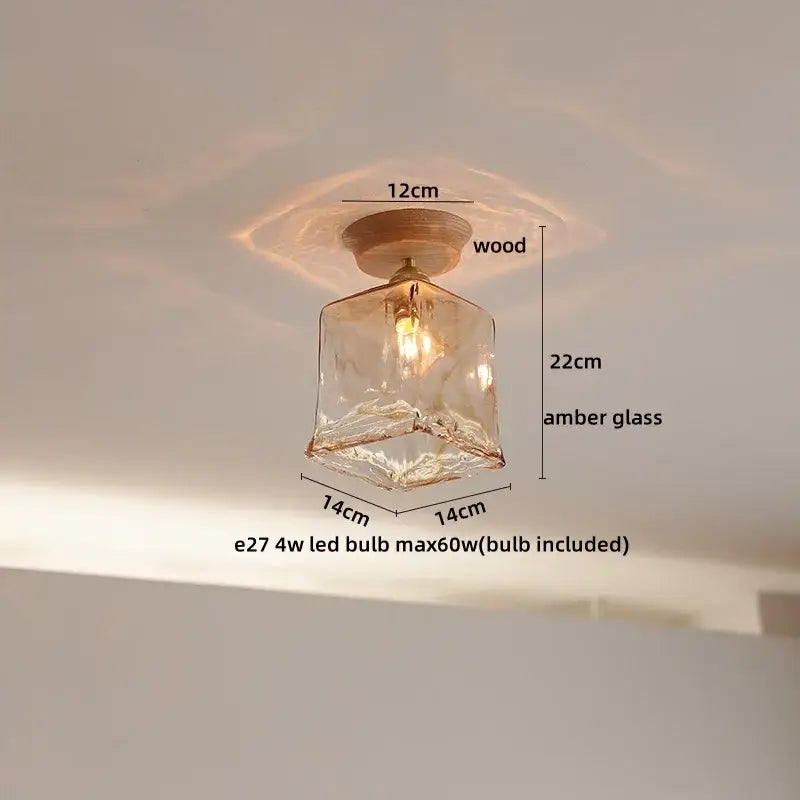 Decorbites amber glass led ceiling light with warm amber faceted glass and wooden base for modern home decor