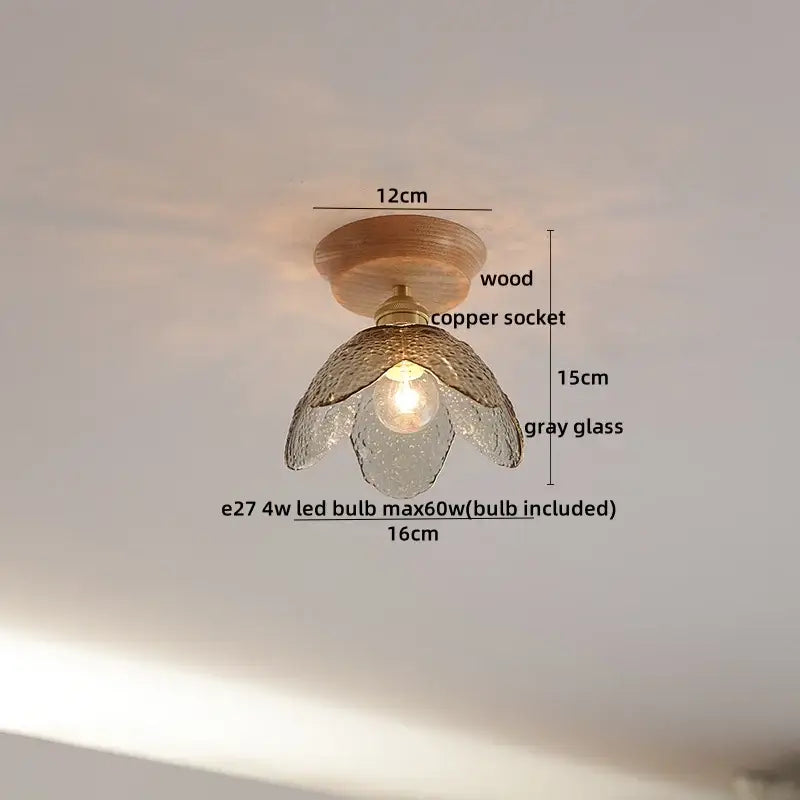 Delicate gray glass flower pendant light with wooden base and copper socket amber glass led ceiling light