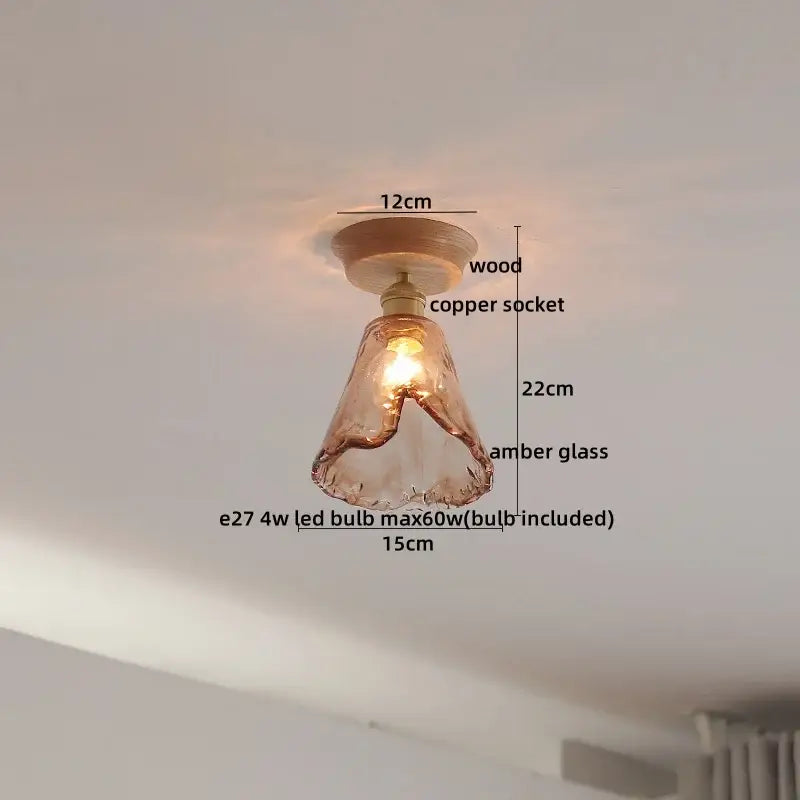 Decorbites amber glass led ceiling light with warm amber glass pendant, wooden base, and copper socket for home decor