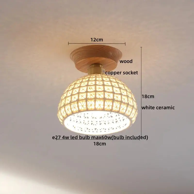 DecorBites amber glass led ceiling light with woven white ceramic shade and wooden base for modern home decoration