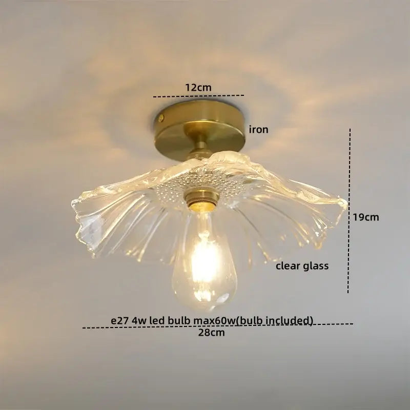 DecorBites™ amber glass led ceiling light with clear glass petals, brass iron base, and copper socket for modern homes