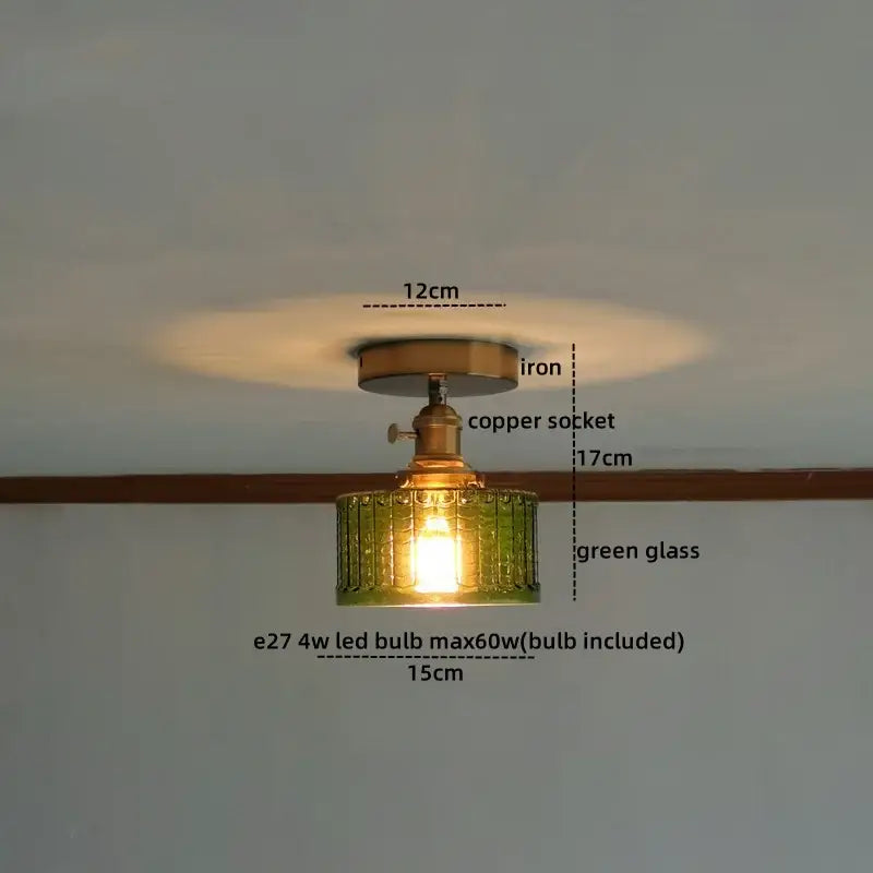 Decorbites™ amber glass led ceiling light with vintage green textured glass shade, copper socket, and iron base