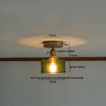 Decorbites™ amber glass led ceiling light with vintage green textured glass shade, copper socket, and iron base