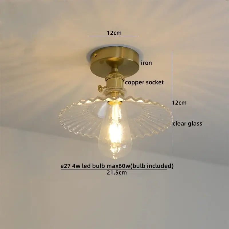 Decorbites™ amber glass led ceiling lights with vintage brass iron base copper socket and scalloped glass shade design