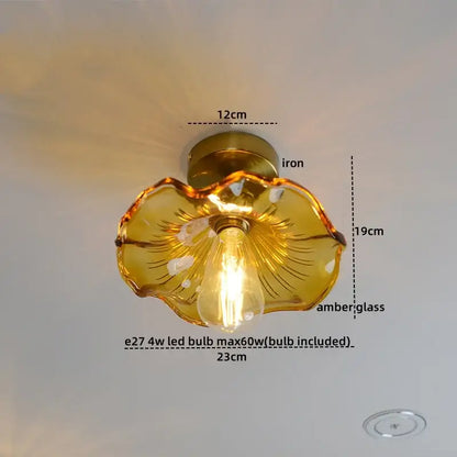 Decorbites™ amber glass led ceiling lights featuring a golden amber flower-shaped glass with iron base and visible led bulb