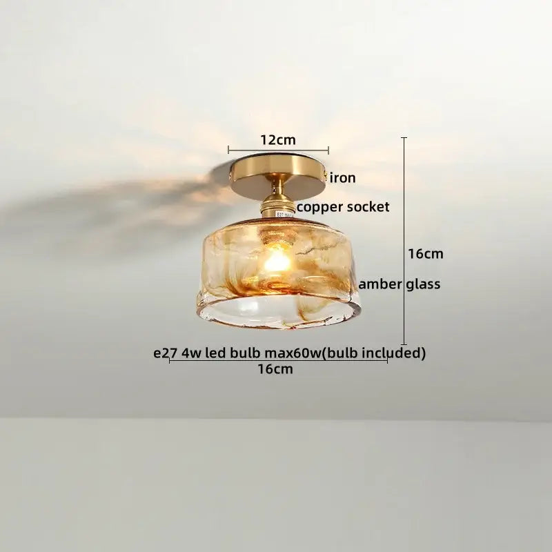 DecorBites™ amber glass LED ceiling light with warm amber glass, brass iron base, and copper socket modern design