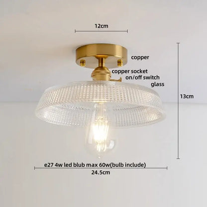 Decorbites™ amber glass led ceiling light with brass copper fixture and clear ribbed glass shade for modern kitchen lighting