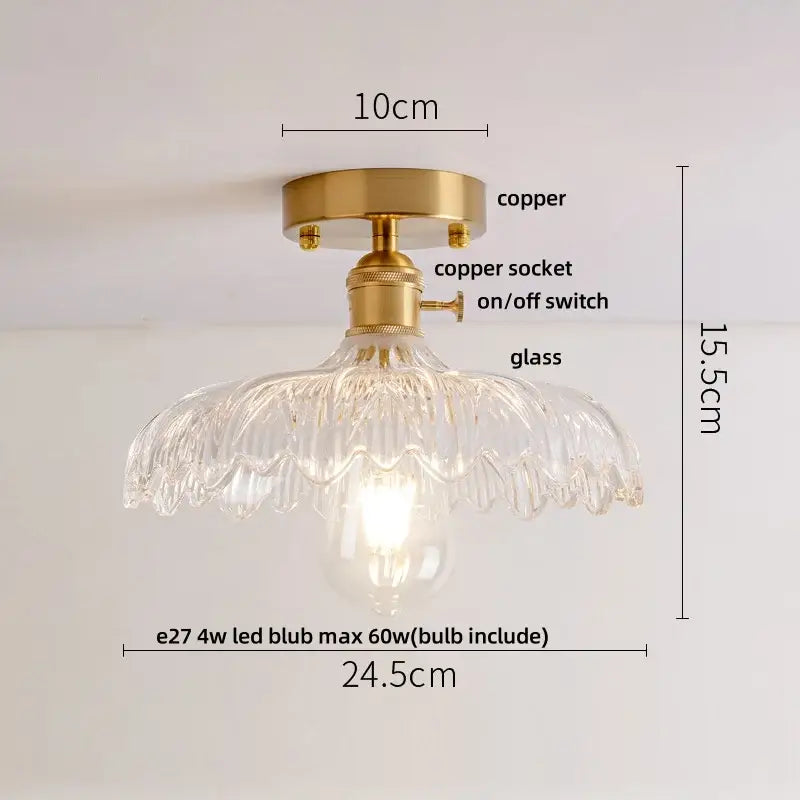 Decorbites™ amber glass led ceiling light with clear glass pendant and brass copper fixture with integrated switch