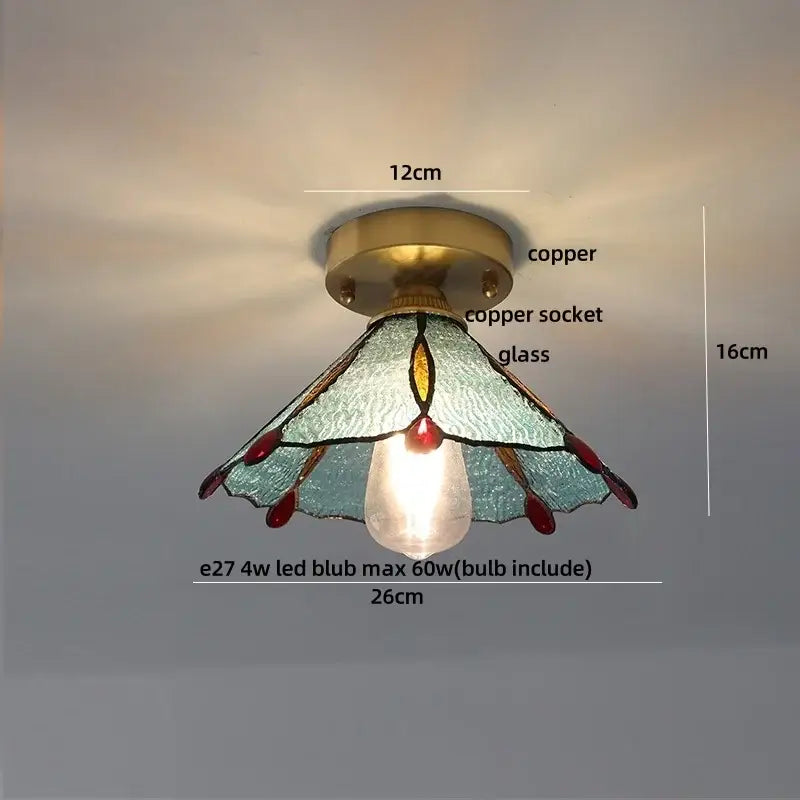 Tiffany-style stained glass ceiling light with copper base teal and red patterned shade and amber glass led bulb for living room