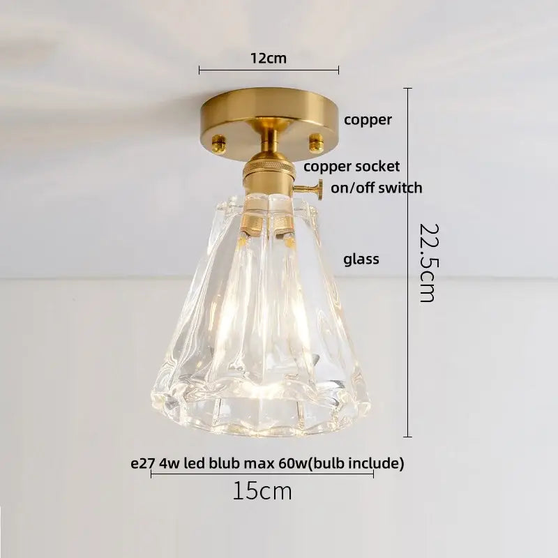 DecorBites amber glass led ceiling light with clear faceted glass pendant and brass copper-finished mounting base and switch