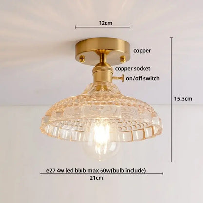 Decorbites™ amber glass led ceiling light with brass copper fixture and ornate textured glass shade for modern nordic decor