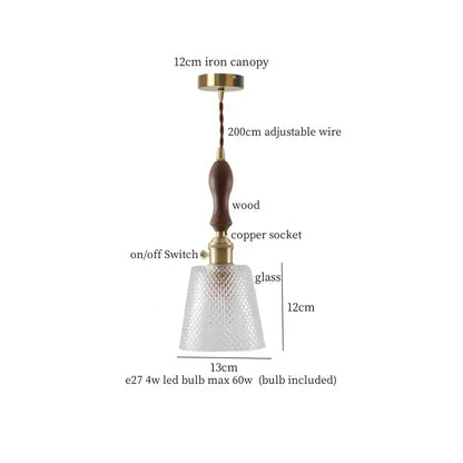 DecorBites™ amber glass led hanging lamp with textured glass shade, dark wood handle, and brass accents for loft bars