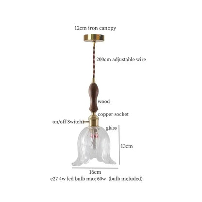 Clear glass bell-shaped pendant led hanging lamp with wooden handle and brass accents for bar loft lighting