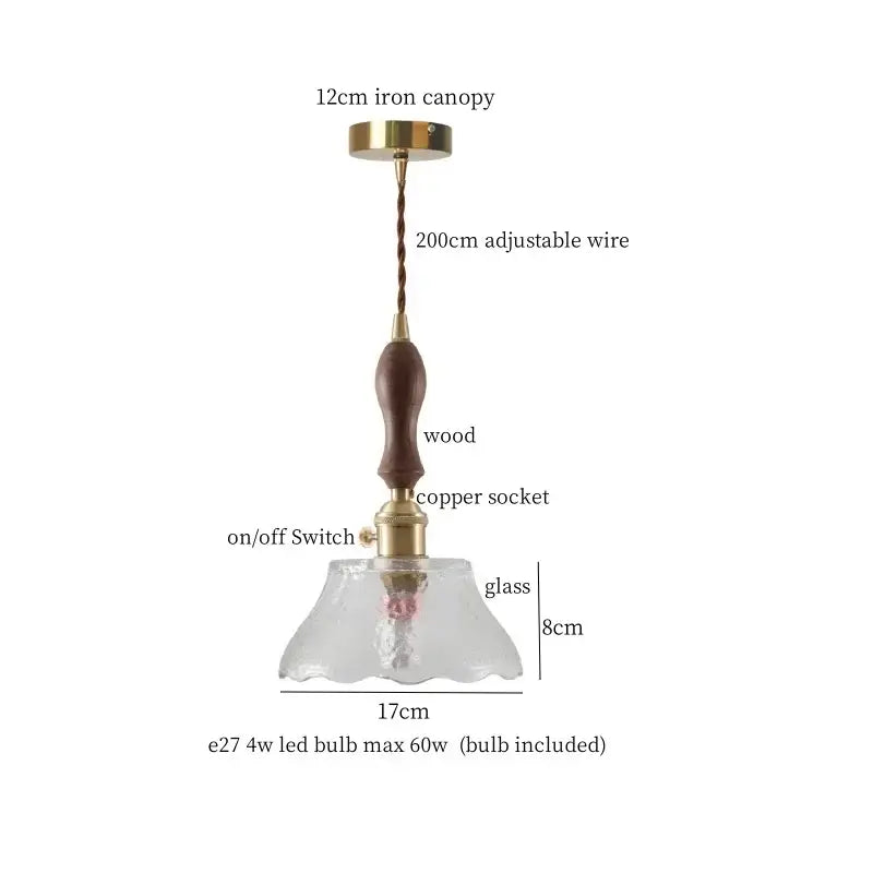 DecorBites™ amber glass led hanging lamp with brass iron canopy wooden handle and clear glass shade for bar loft