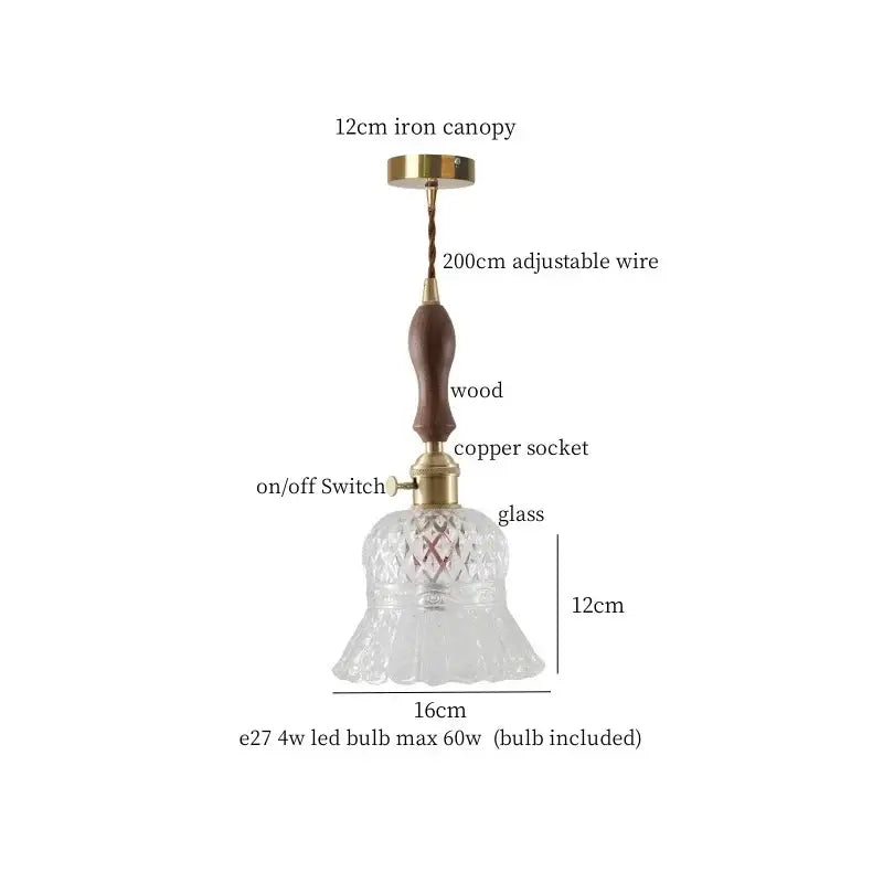 Decorbites amber glass led hanging lamp with clear glass bell shade wooden handle and brass accents for bar loft use