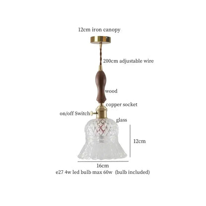 Decorbites amber glass led hanging lamp with clear glass bell shade wooden handle and brass accents for bar loft use