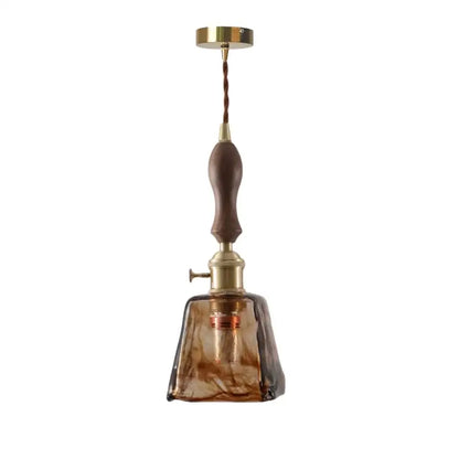 Decorbites amber glass led hanging lamp with vintage amber glass shade brass hardware and wood pull chain for bar loft