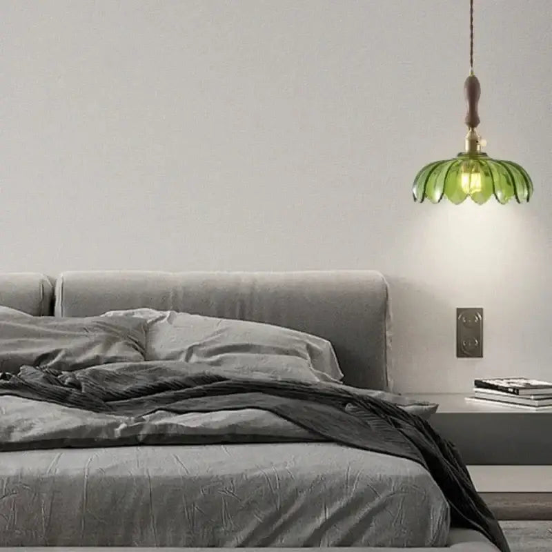 Green glass led hanging lamp with brass finish stem and wooden top for decorbites amber glass led vintage lighting