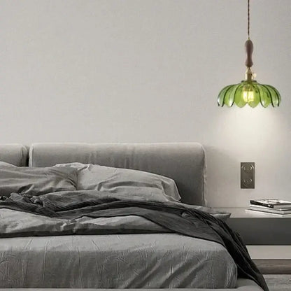 Green glass led hanging lamp with brass finish stem and wooden top for decorbites amber glass led vintage lighting