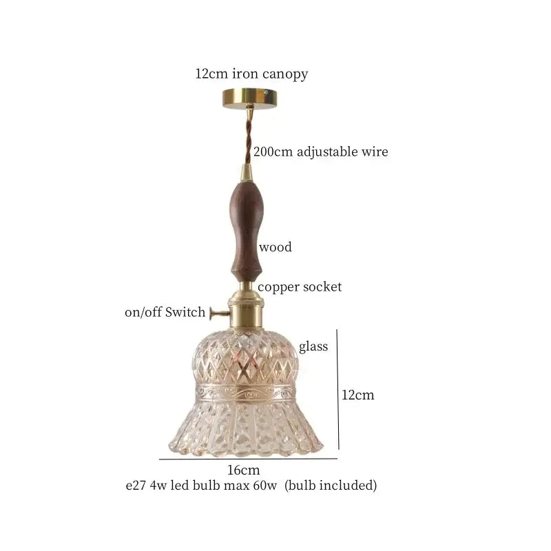 Vintage-style decorbites amber glass led hanging lamp with clear faceted glass shade and dark wood handle stem