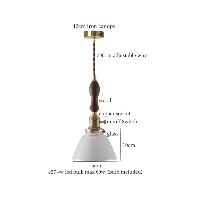 Decorbites amber glass led hanging lamp with brass iron canopy wooden handle copper socket frosted glass shade vintage style