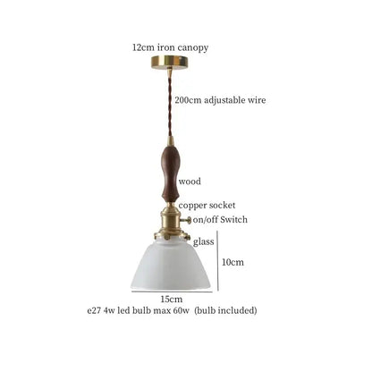 Decorbites amber glass led hanging lamp with brass iron canopy wooden handle copper socket frosted glass shade vintage style