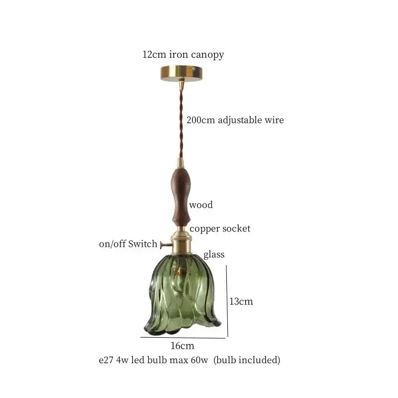 Decorbites amber glass led hanging lamp with green glass bell shade wooden handle and brass accents for bar loft lighting
