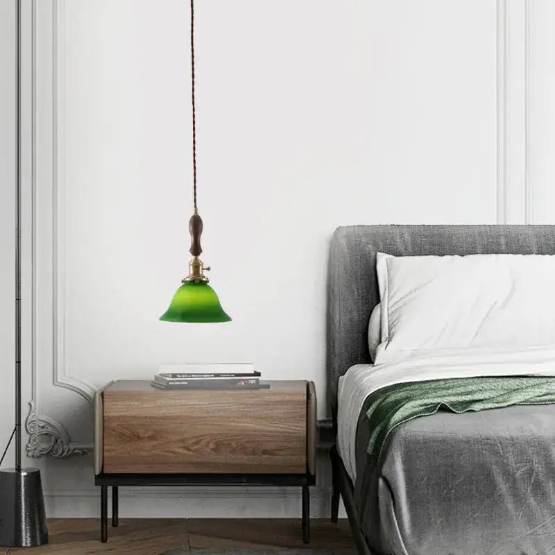 Green glass led hanging lamp with brass fixture and dark brown cord for decorbites amber glass led pendant lights
