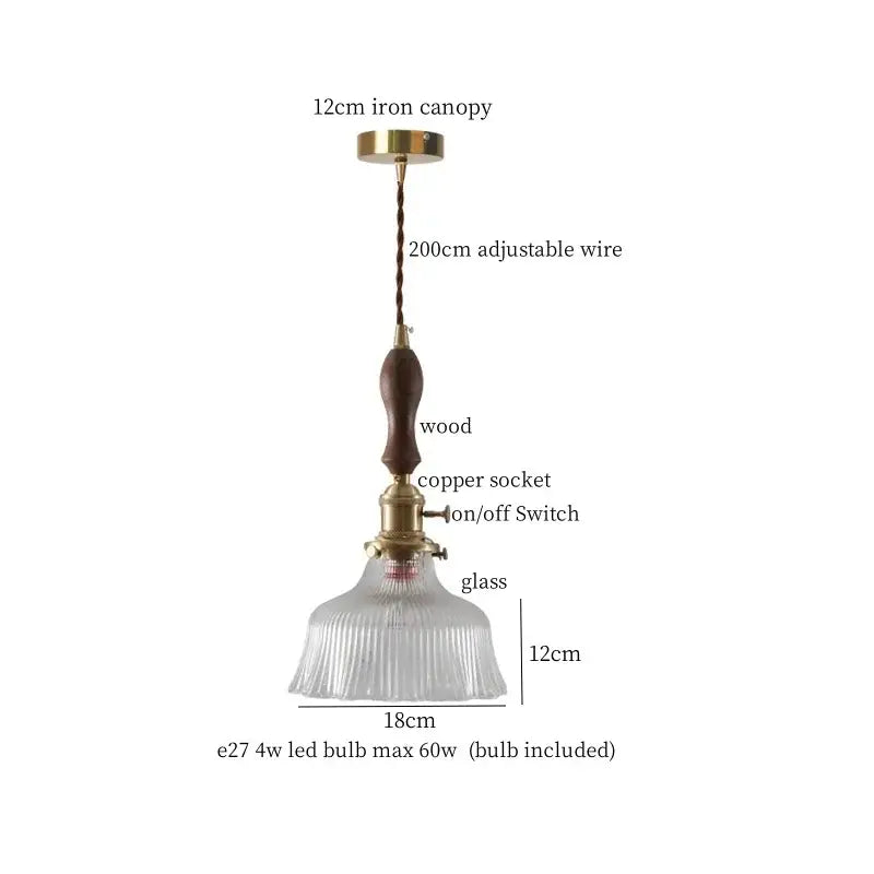 DecorBites amber glass led hanging lamp with brass iron canopy wooden handle and clear ribbed glass shade for loft bar