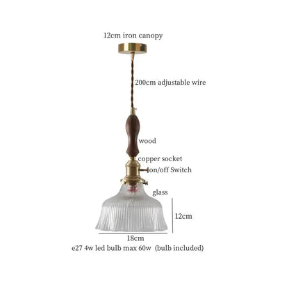 DecorBites amber glass led hanging lamp with brass iron canopy wooden handle and clear ribbed glass shade for loft bar