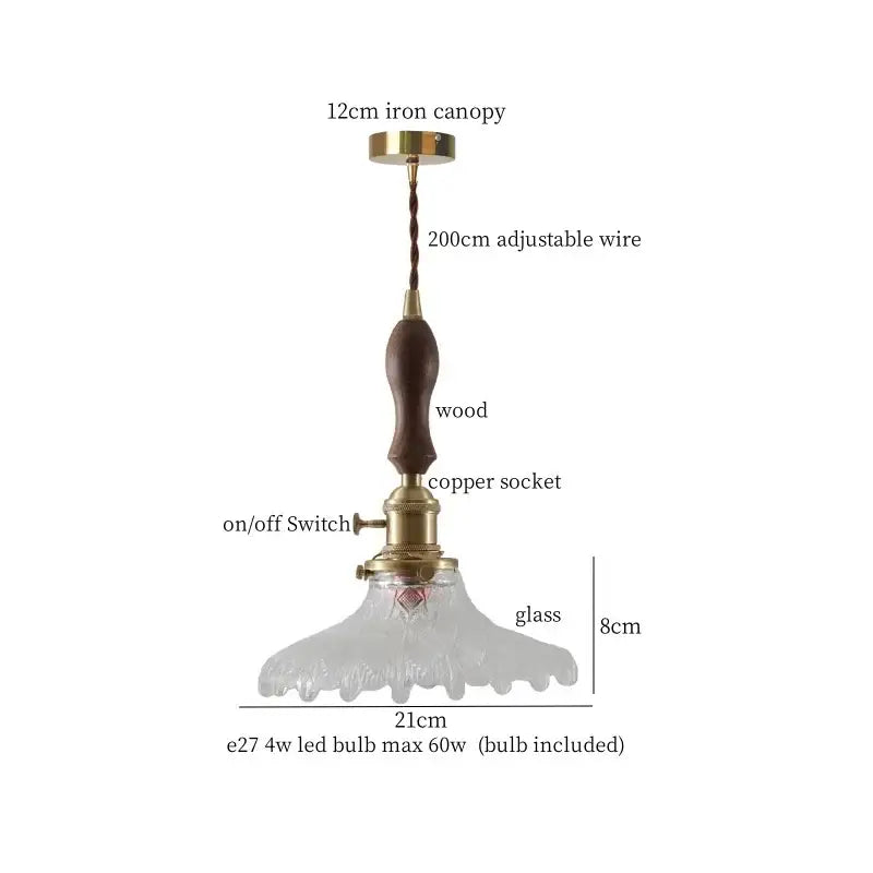 DecorBites amber glass led hanging lamp with brass iron canopy wooden handle copper socket and frosted glass shade