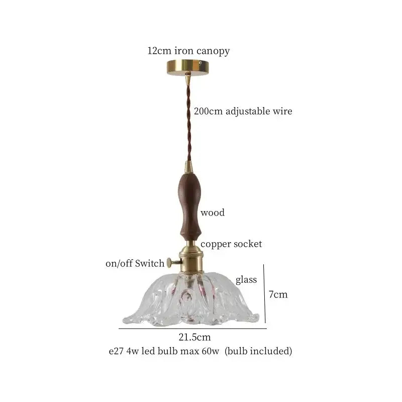 Decorbites amber glass led hanging lamp with fluted glass, dark wood handle, and brass accents for bar loft lighting