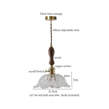 Decorbites amber glass led hanging lamp with fluted glass, dark wood handle, and brass accents for bar loft lighting
