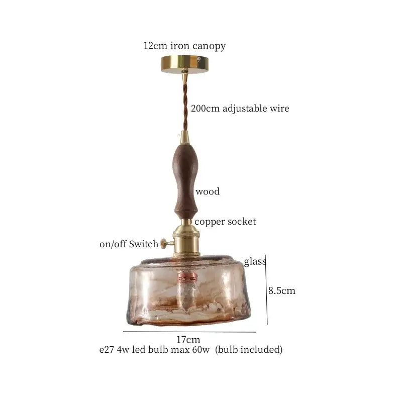 Decorbites™ amber glass led hanging lamp with brass iron canopy wooden handle and copper socket for bar loft lighting