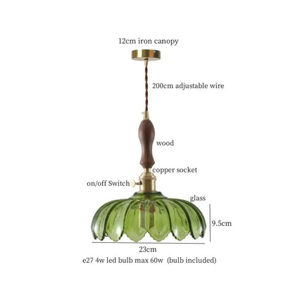 DecorBites amber glass led hanging lamp with green glass pendant, wooden handle, and brass accents for bar loft